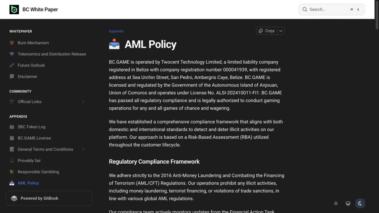 BC.Game AML policy describing risk-based KYC and the current operator