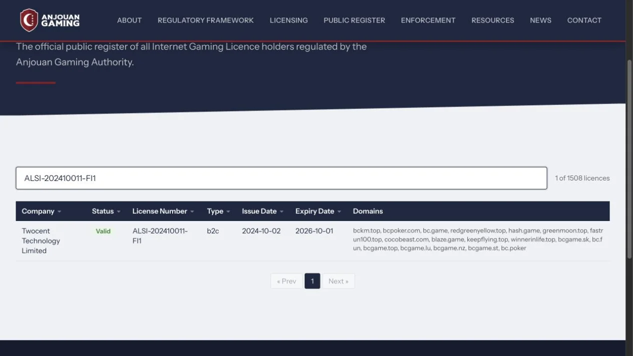 Anjouan public register result for BC.Game licence ALSI-202410011-FI1