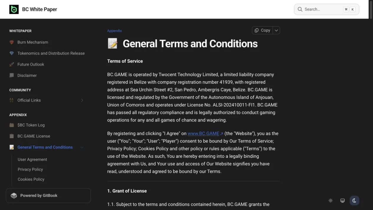 BC.Game current Terms naming Twocent Technology Limited and the Anjouan licence