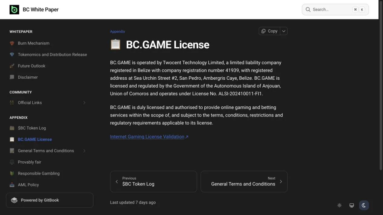 BC.Game official licence page naming Twocent Technology Limited and the Anjouan licence