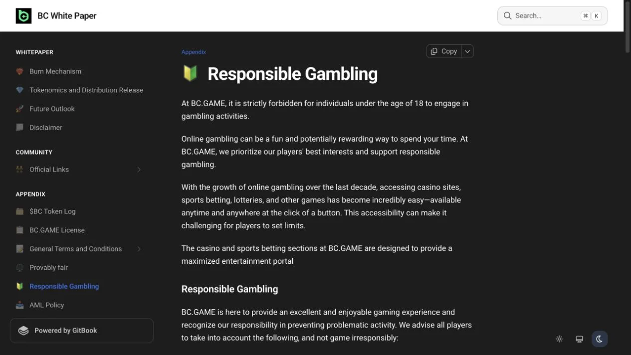 BC.Game responsible gambling page with self-exclusion guidance