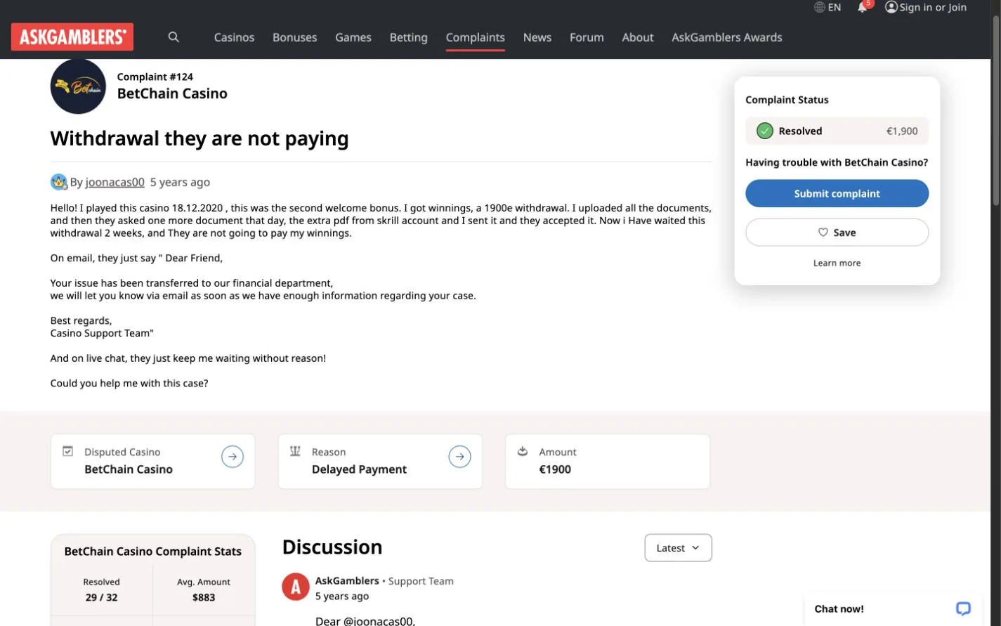 AskGamblers BetChain delayed withdrawal case later marked resolved