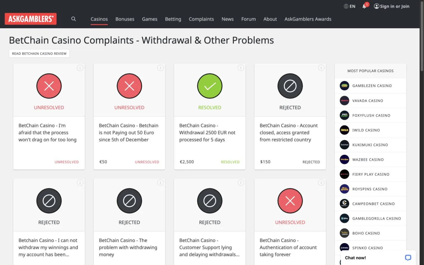 BetChain complaint index showing delayed payments account restrictions and mixed outcomes