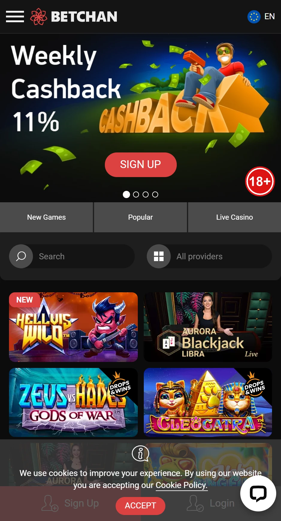 Historical BetChain mobile casino lobby with game categories and registration controls