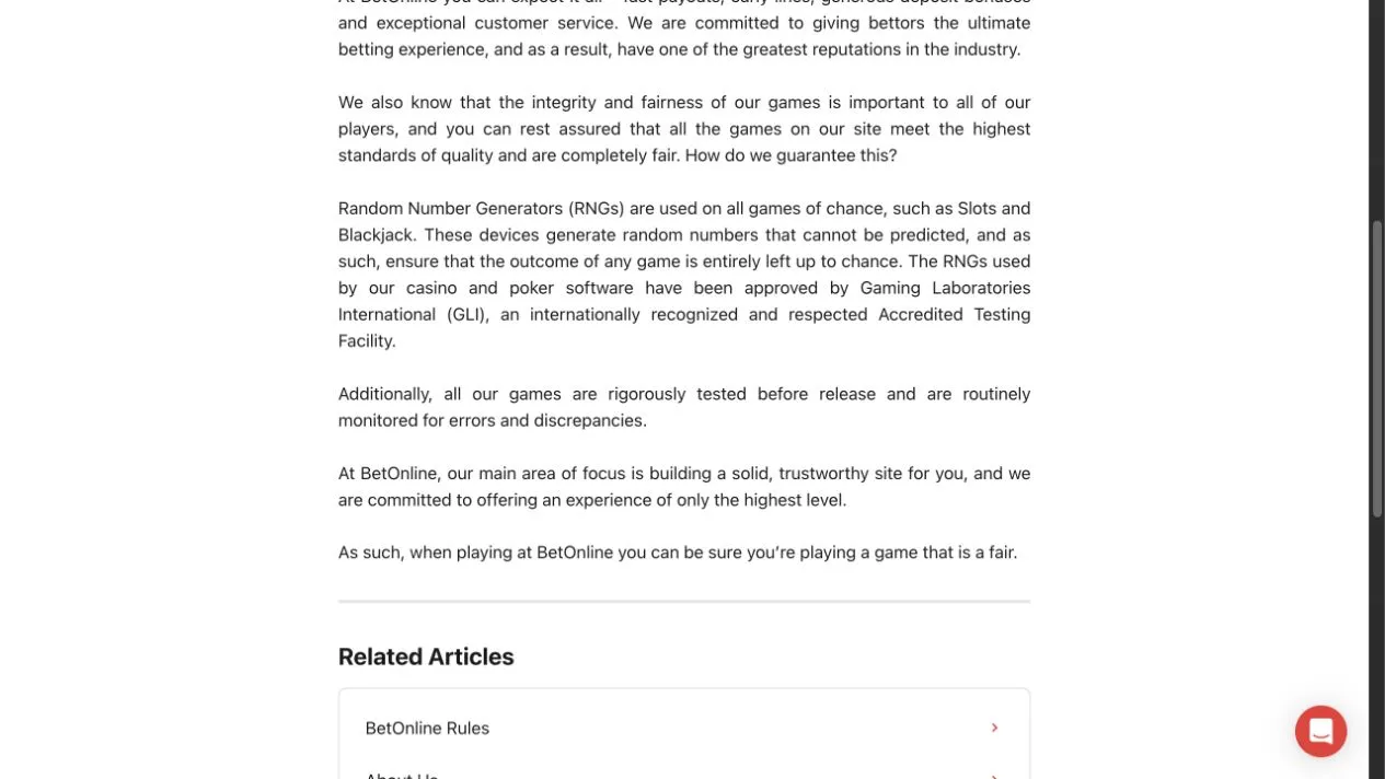 BetOnline fair gaming page describing GLI and RNGs