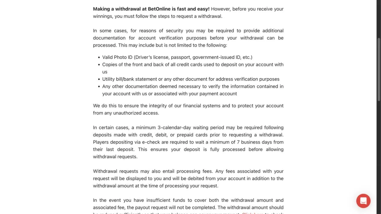 BetOnline withdrawal identity and payment document requirements
