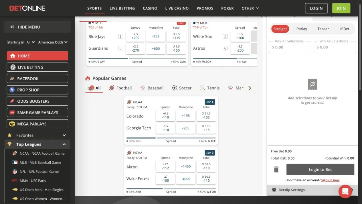 BetOnline public sportsbook with live betting markets