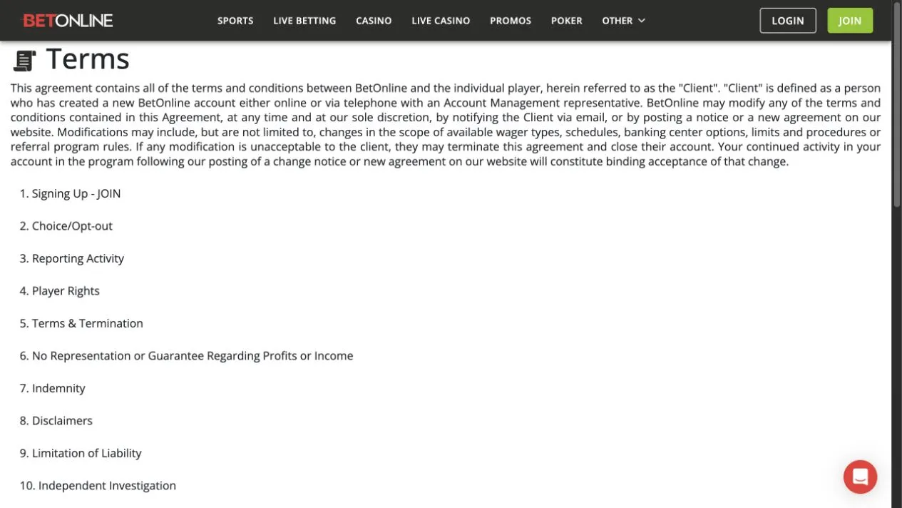 BetOnline public terms showing licence and account rules