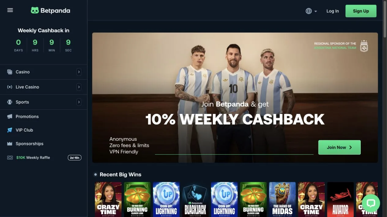 Betpanda public casino and sportsbook interface showing crypto product claims