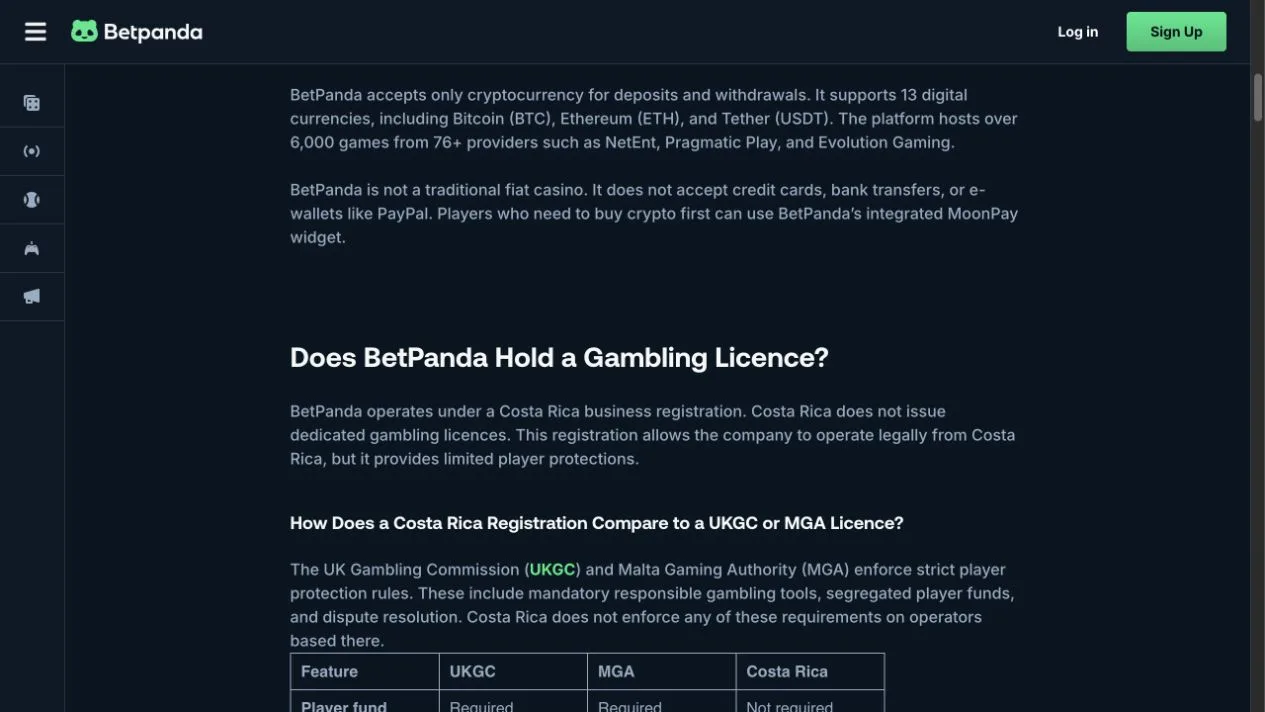 Official Betpanda article explaining its Costa Rica registration and licence position