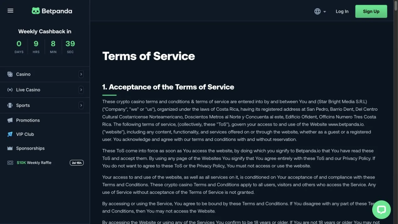 Betpanda Terms of Service naming Star Bright Media SRL in Costa Rica