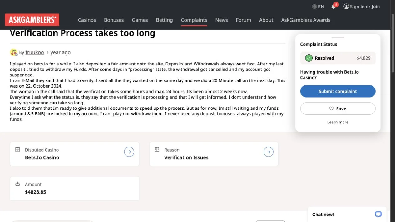 Resolved Bets.io complaint describing delayed verification and withdrawal restriction