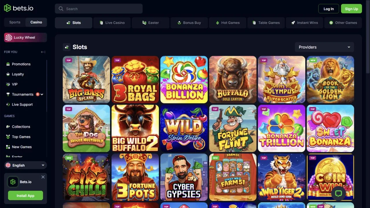 Bets.io casino game gallery with multiple categories and titles