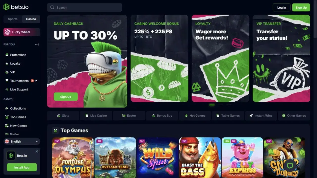 Bets.io casino lobby with casino, sports, promotions and game categories