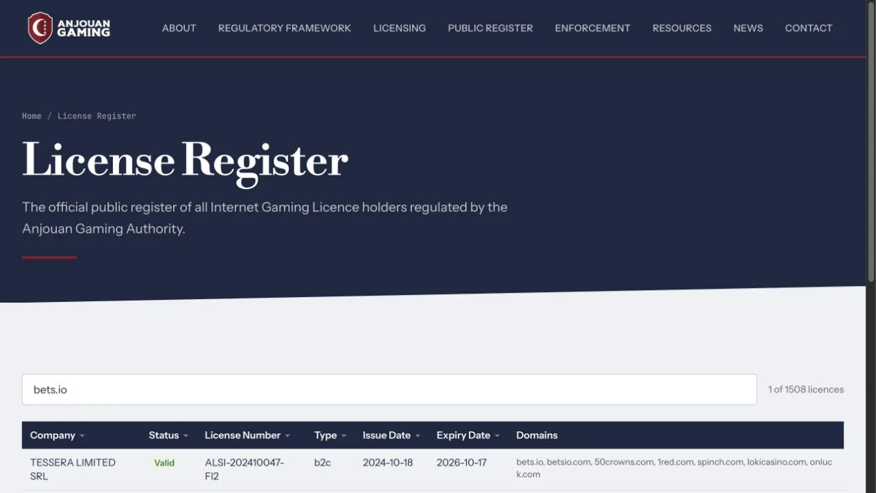 Anjouan Gaming licence register result for bets.io and TESSERA LIMITED SRL
