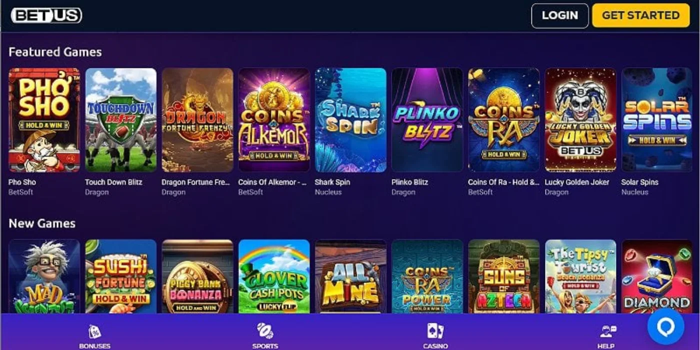 BetUS casino lobby with slot thumbnails and game categories