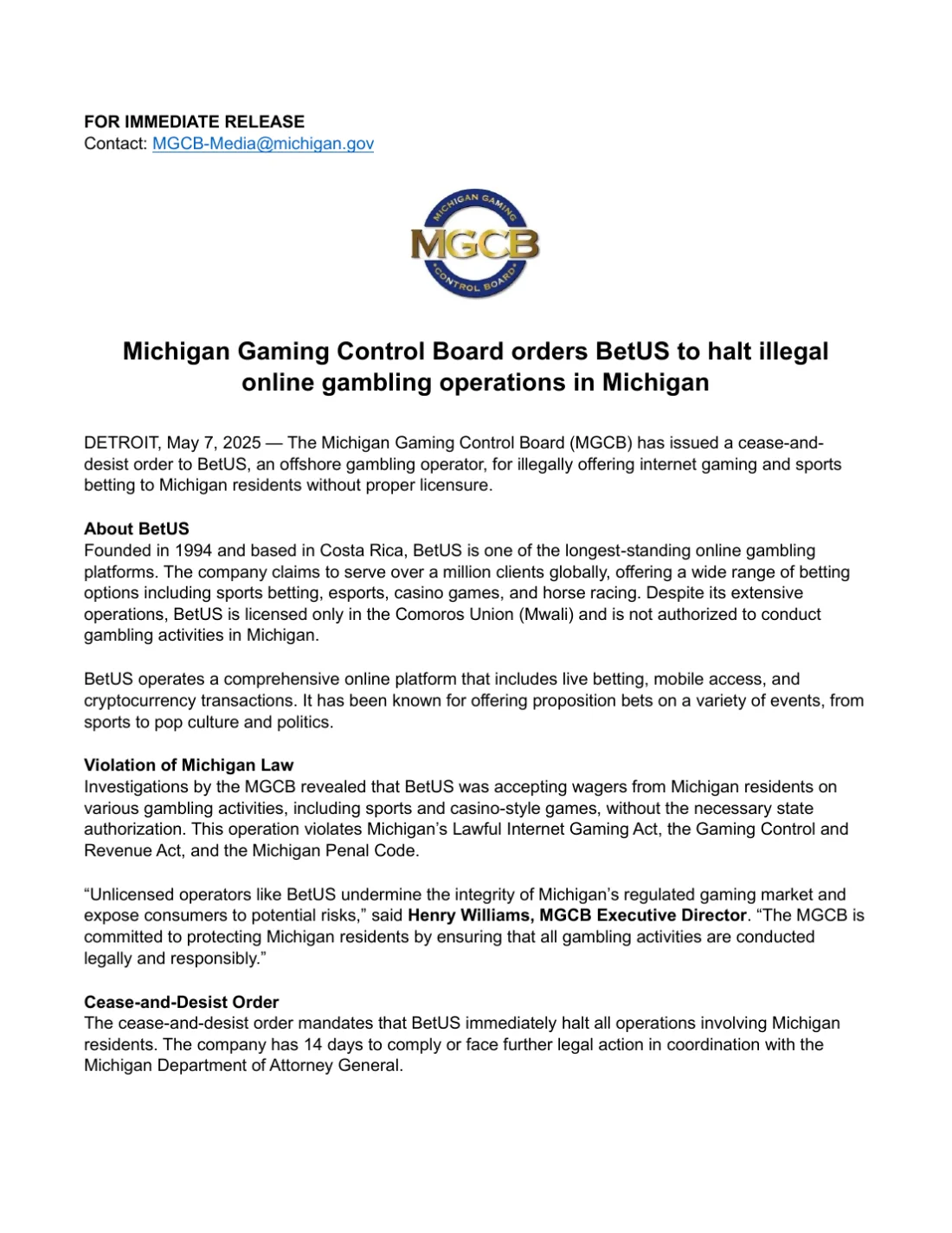 Michigan Gaming Control Board cease-and-desist release concerning BetUS