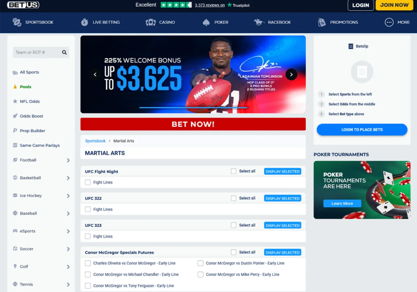 BetUS sportsbook interface with events, markets and bet slip