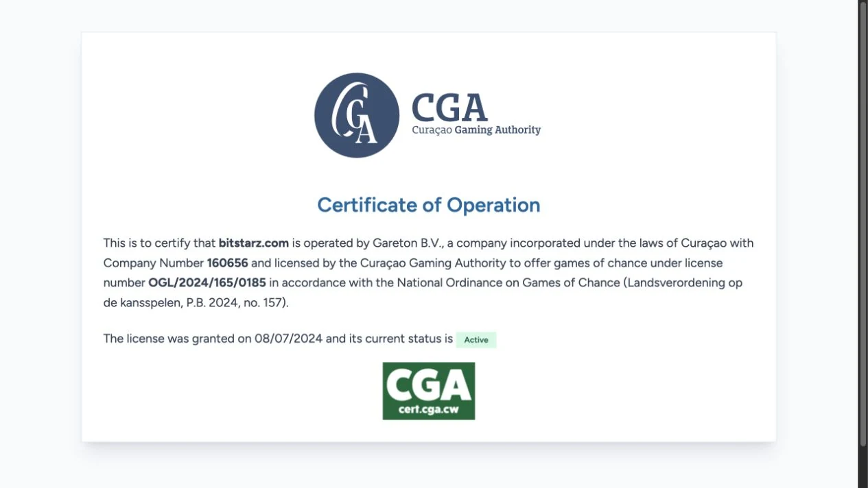 Curaçao regulator certificate identifying BitStarz operator Gareton and active status
