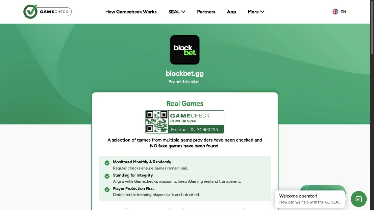 Independent Gamecheck profile for blockbet.gg showing its sampled game authentication result