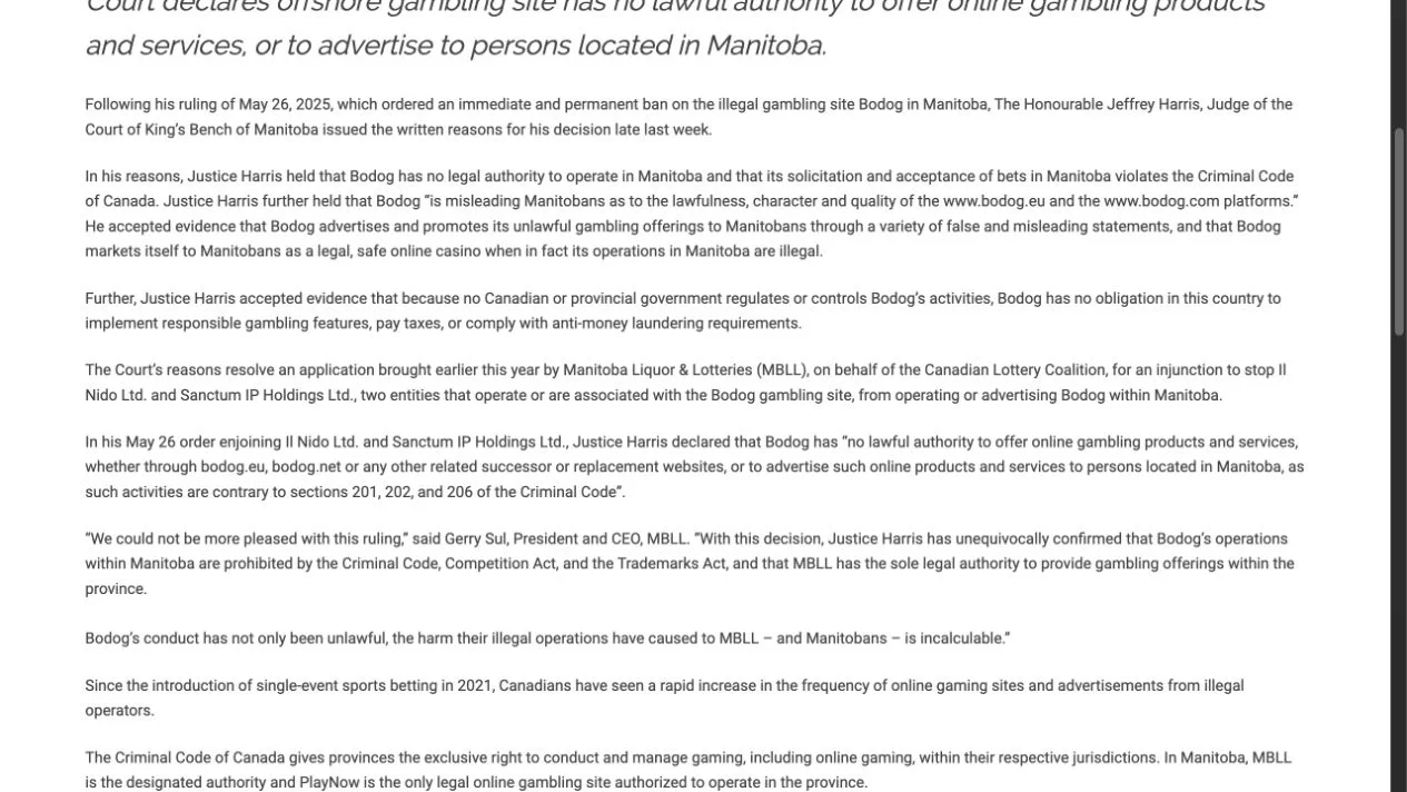 Manitoba Liquor and Lotteries article stating the Bodog court outcome