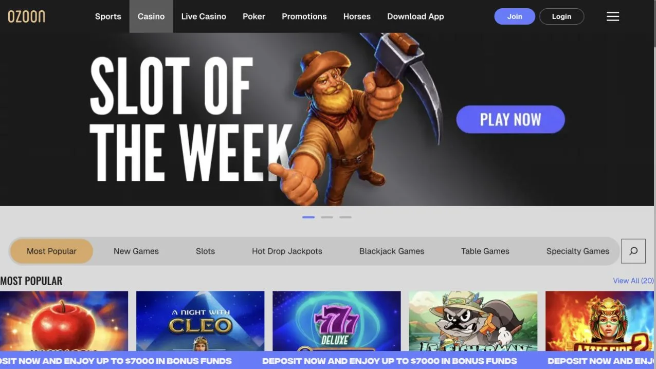 Ozoon casino lobby with game categories and promotions