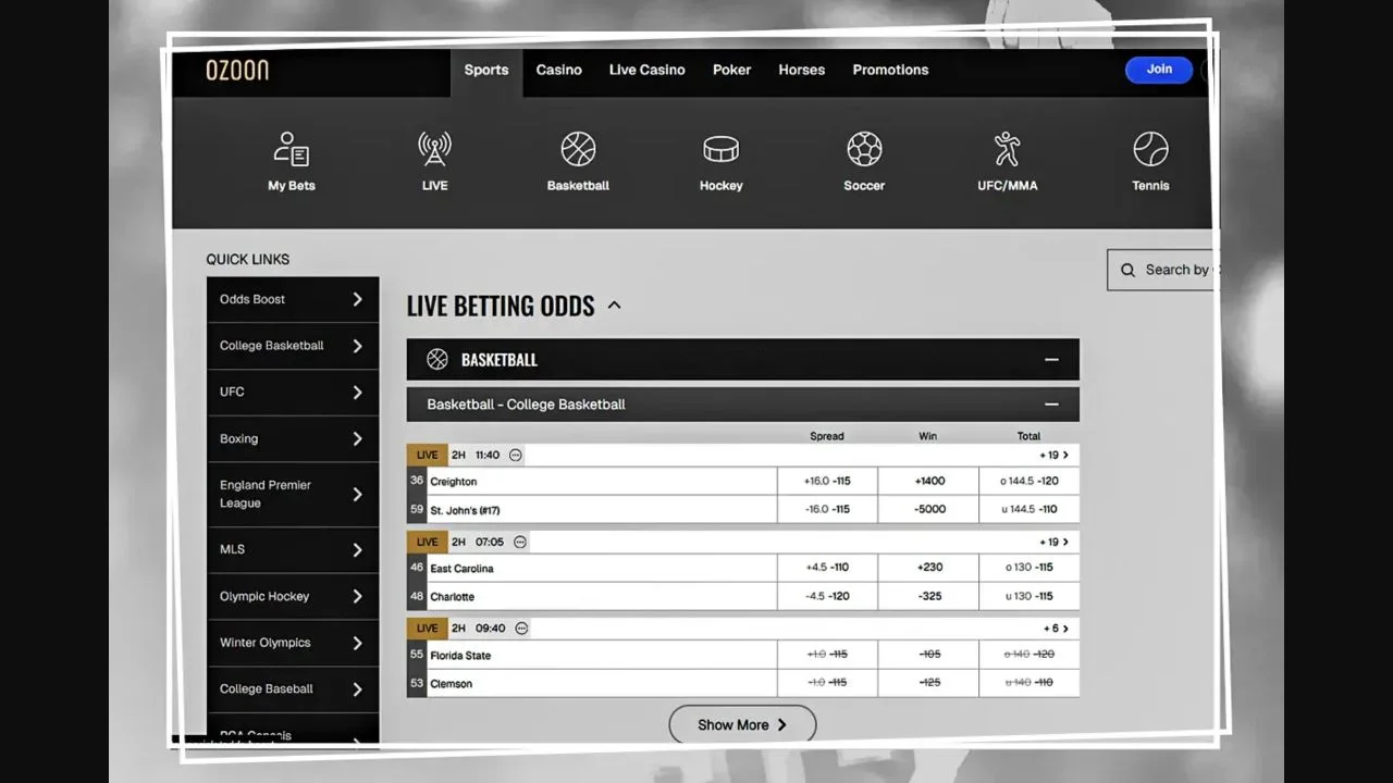 Ozoon live sportsbook with basketball markets and betting navigation