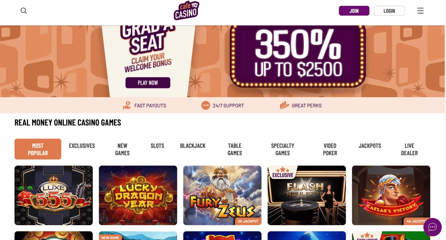 Cafe Casino public homepage and real money casino lobby