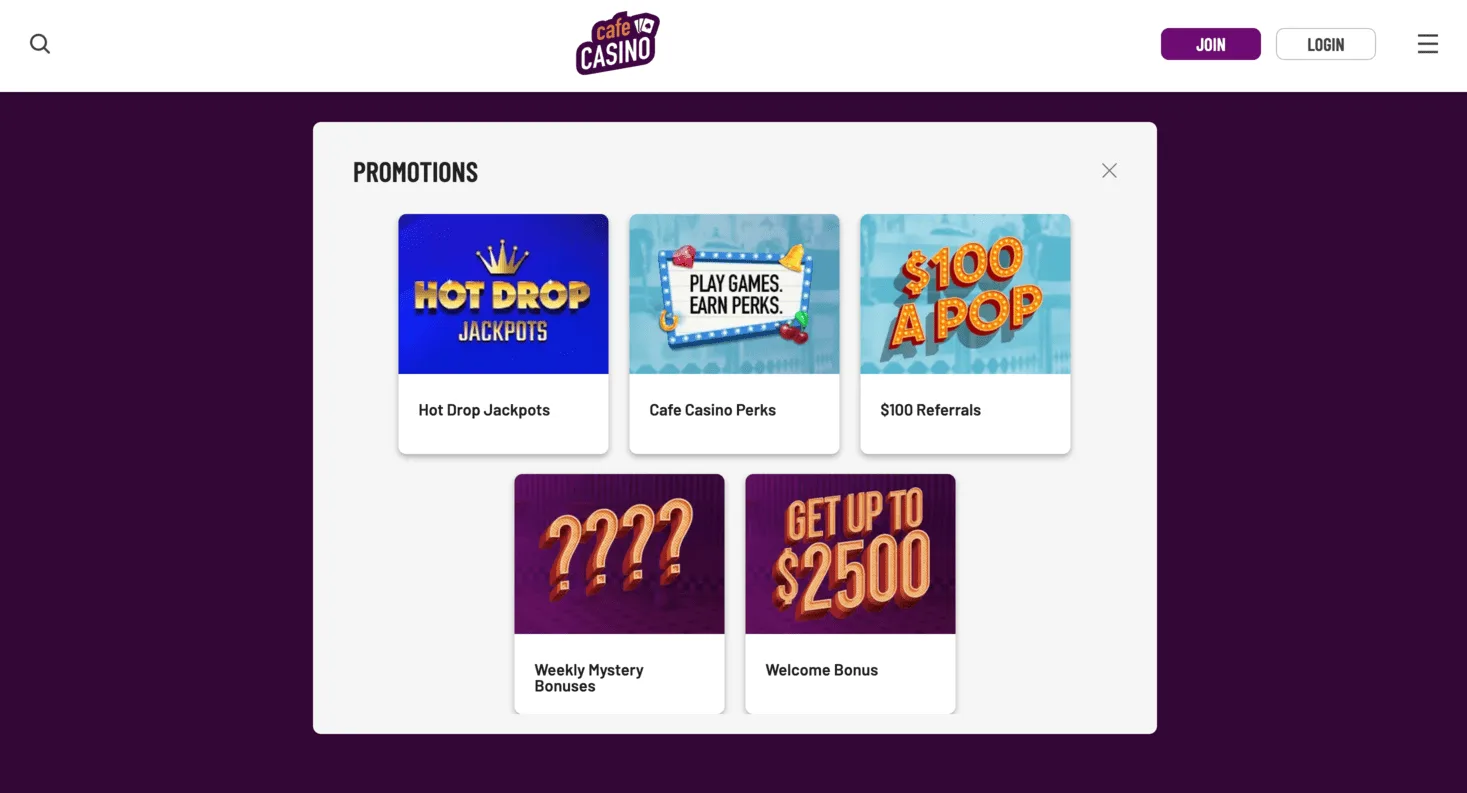 Cafe Casino promotion interface with jackpots perks and welcome offers