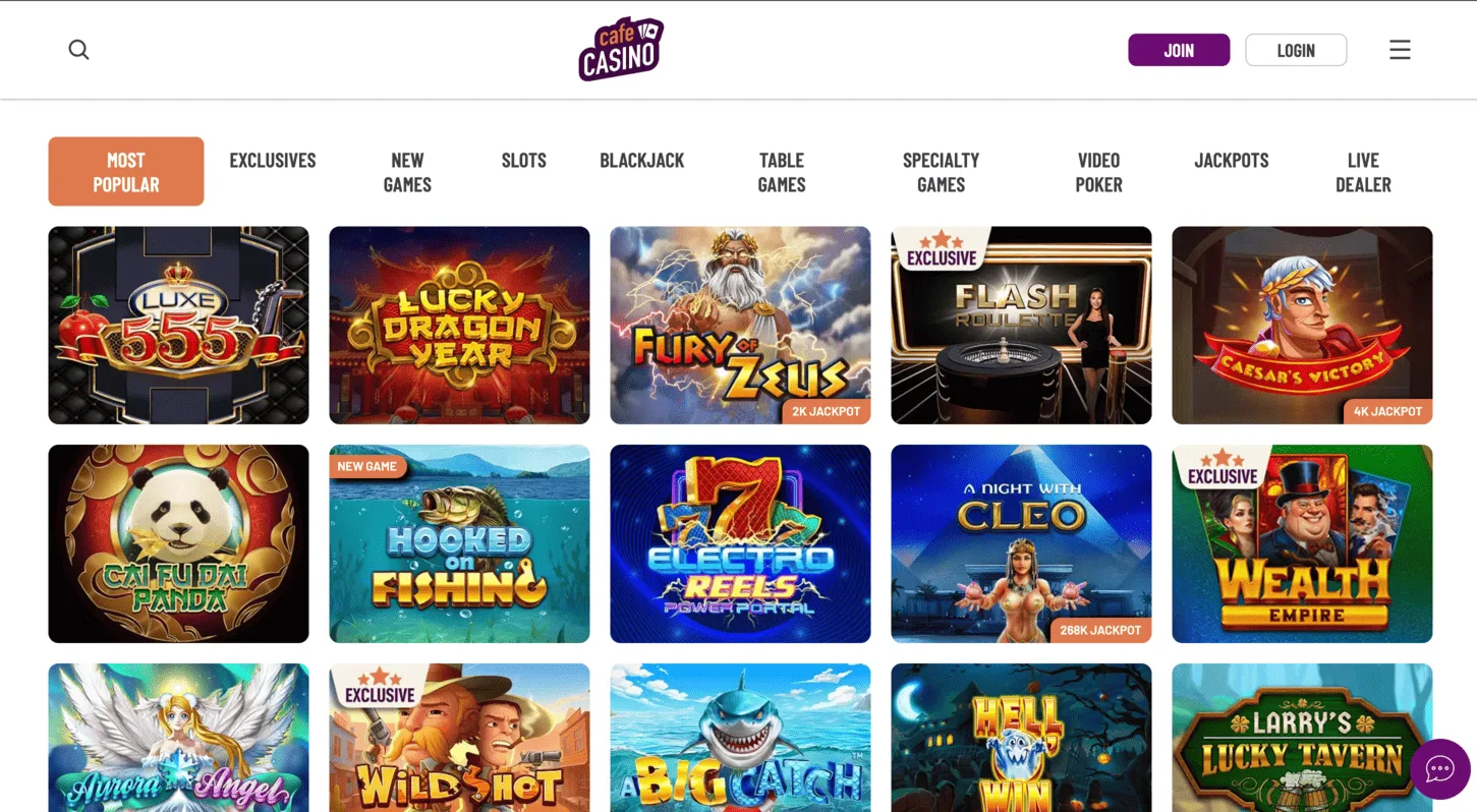 Cafe Casino games lobby with slots table games video poker and live dealer navigation