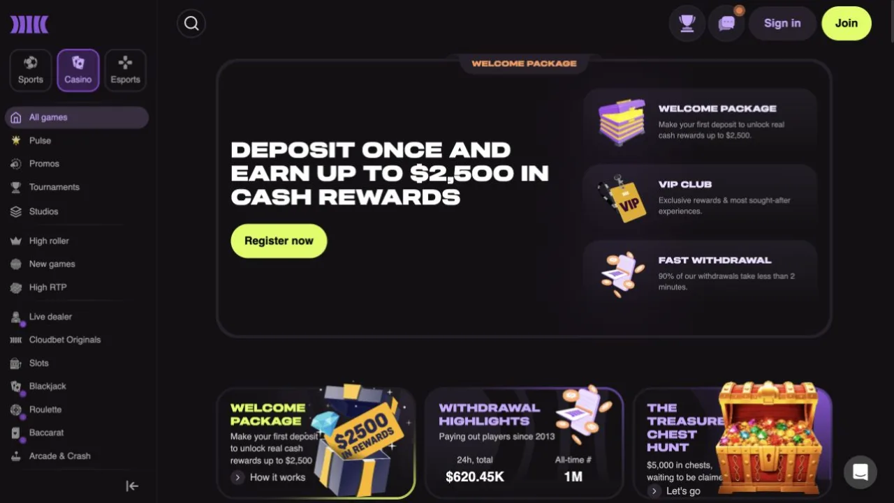 Cloudbet public casino Originals and sportsbook interface captured for an editorial investigation