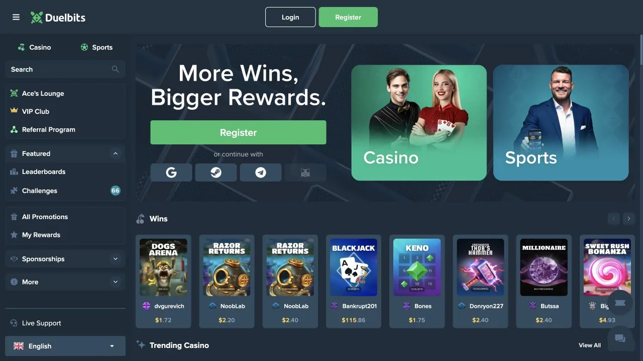 Duelbits public casino interface captured directly for an editorial investigation