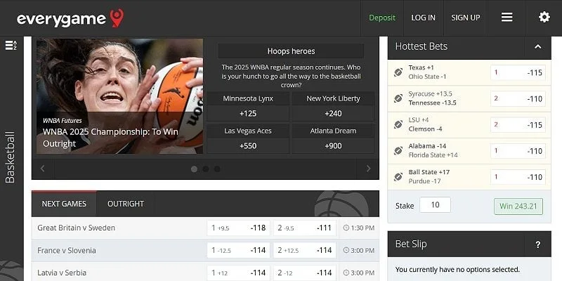Everygame basketball betting interface with futures and match odds