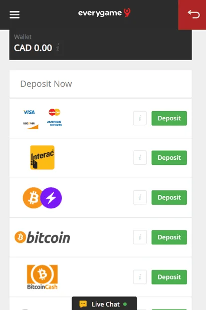 Everygame mobile cashier showing card, Interac and cryptocurrency deposit routes