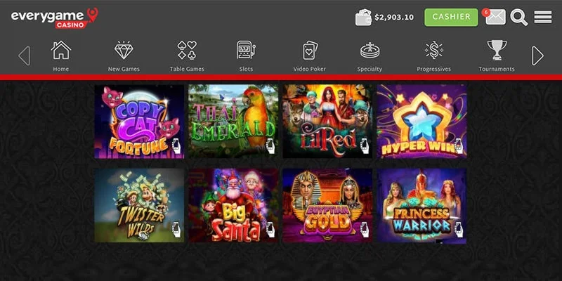 Everygame Casino Red lobby with slot game tiles and cashier button