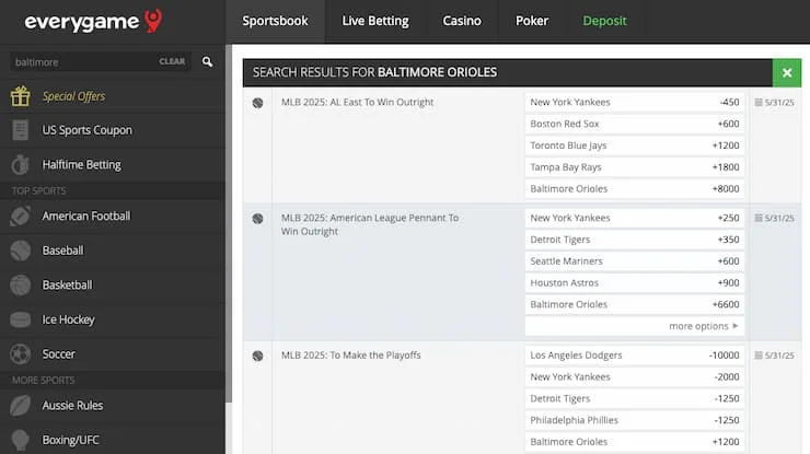 Everygame sportsbook MLB futures and playoff markets