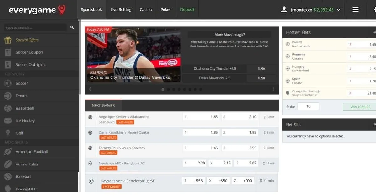 Everygame sportsbook with NBA markets and navigation to casino and poker