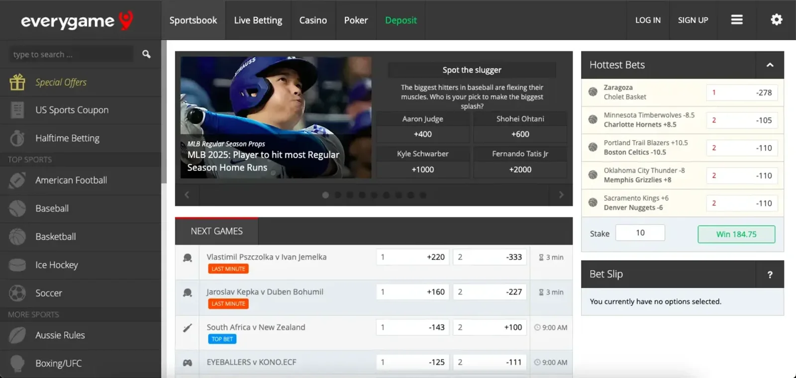 Everygame sportsbook desktop interface with sports navigation and betting markets