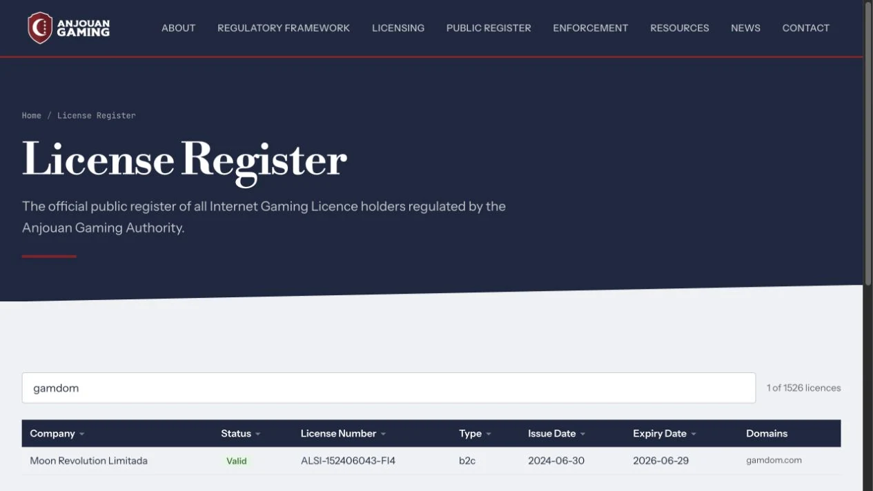 Anjouan register lists Gamdom as valid but shows an expiry date of 29 June 2026