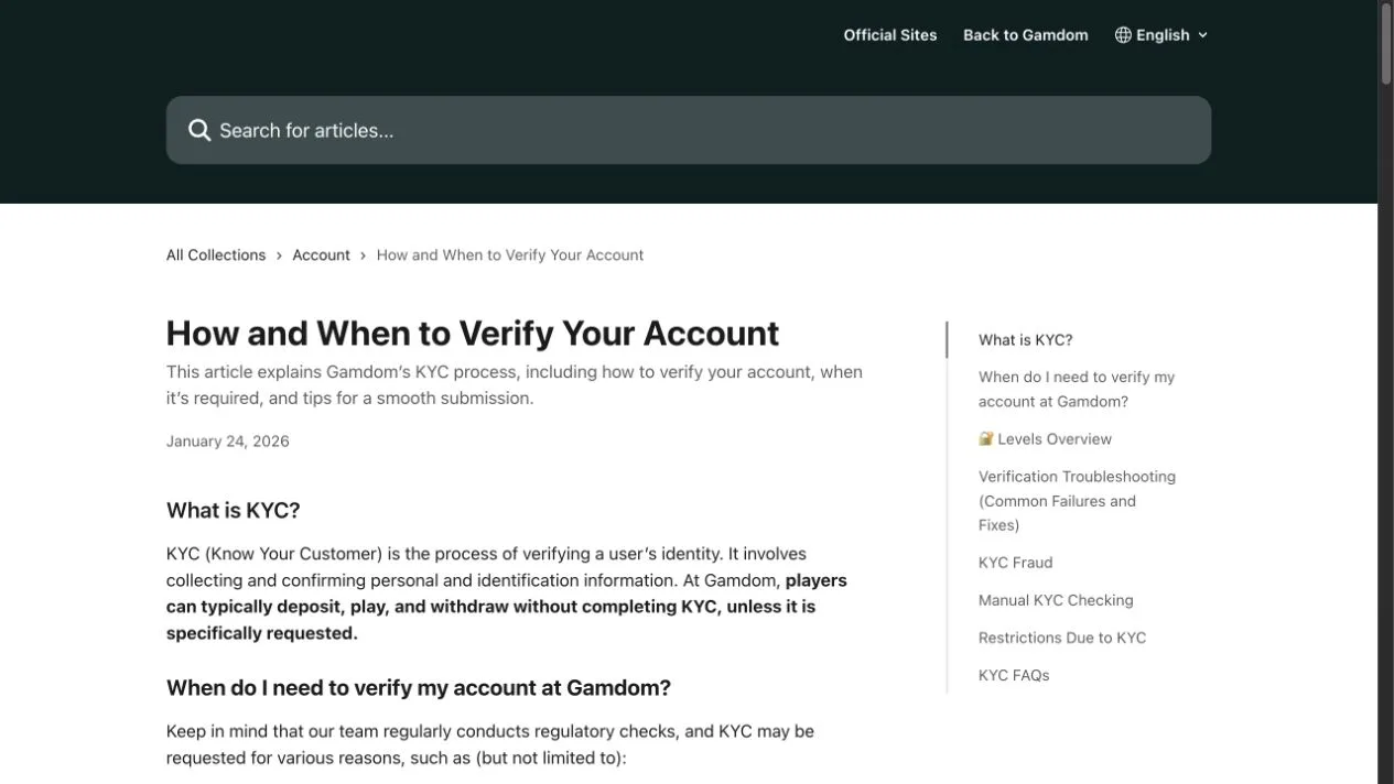 Gamdom official KYC guide explaining conditional verification levels