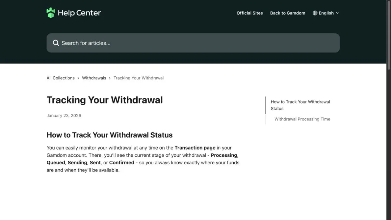 Gamdom official withdrawal tracking guide showing processing stages