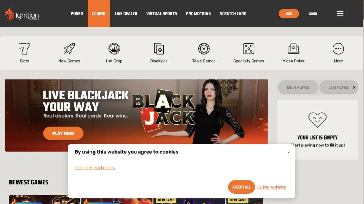 Ignition Casino public games lobby with slots and tables
