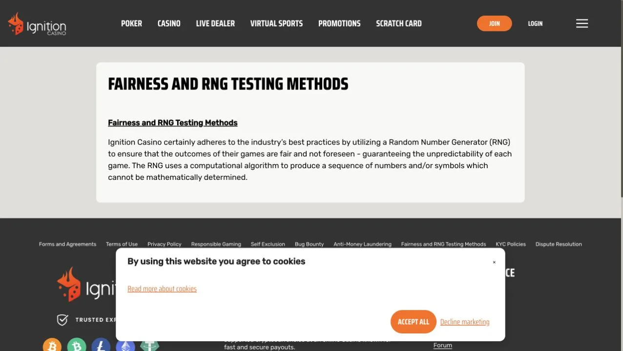 Ignition Casino fairness and RNG testing methods page