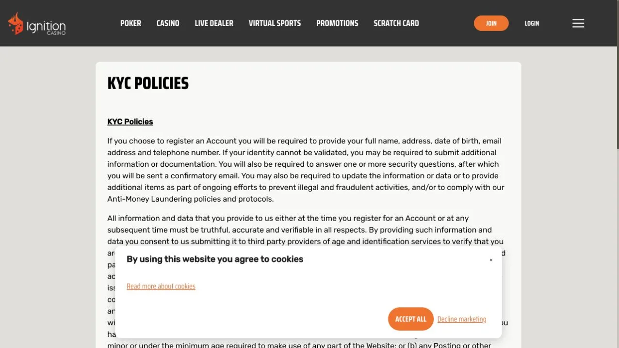 Ignition Casino KYC policy and operator disclosure
