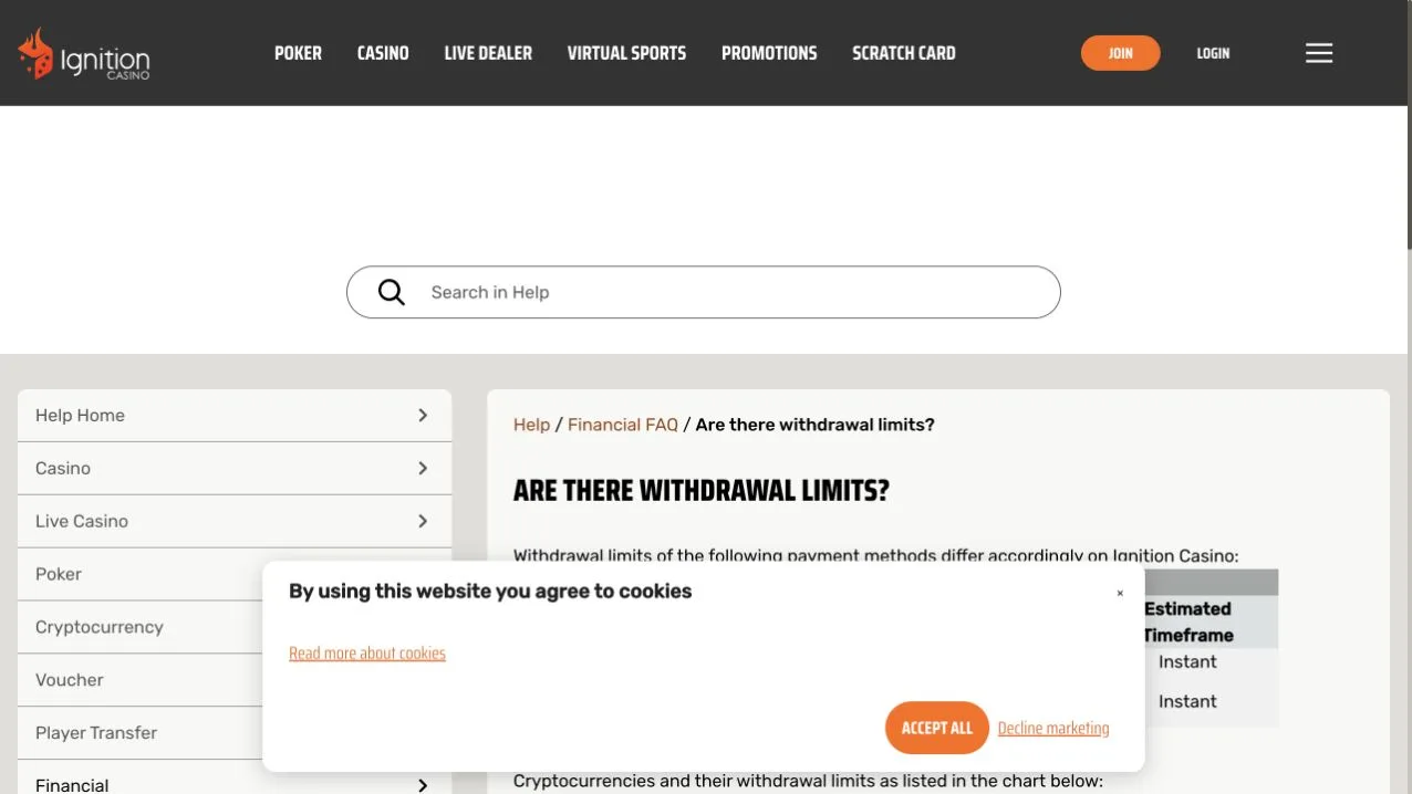Ignition Casino crypto withdrawal minimums maximums and weekly limits