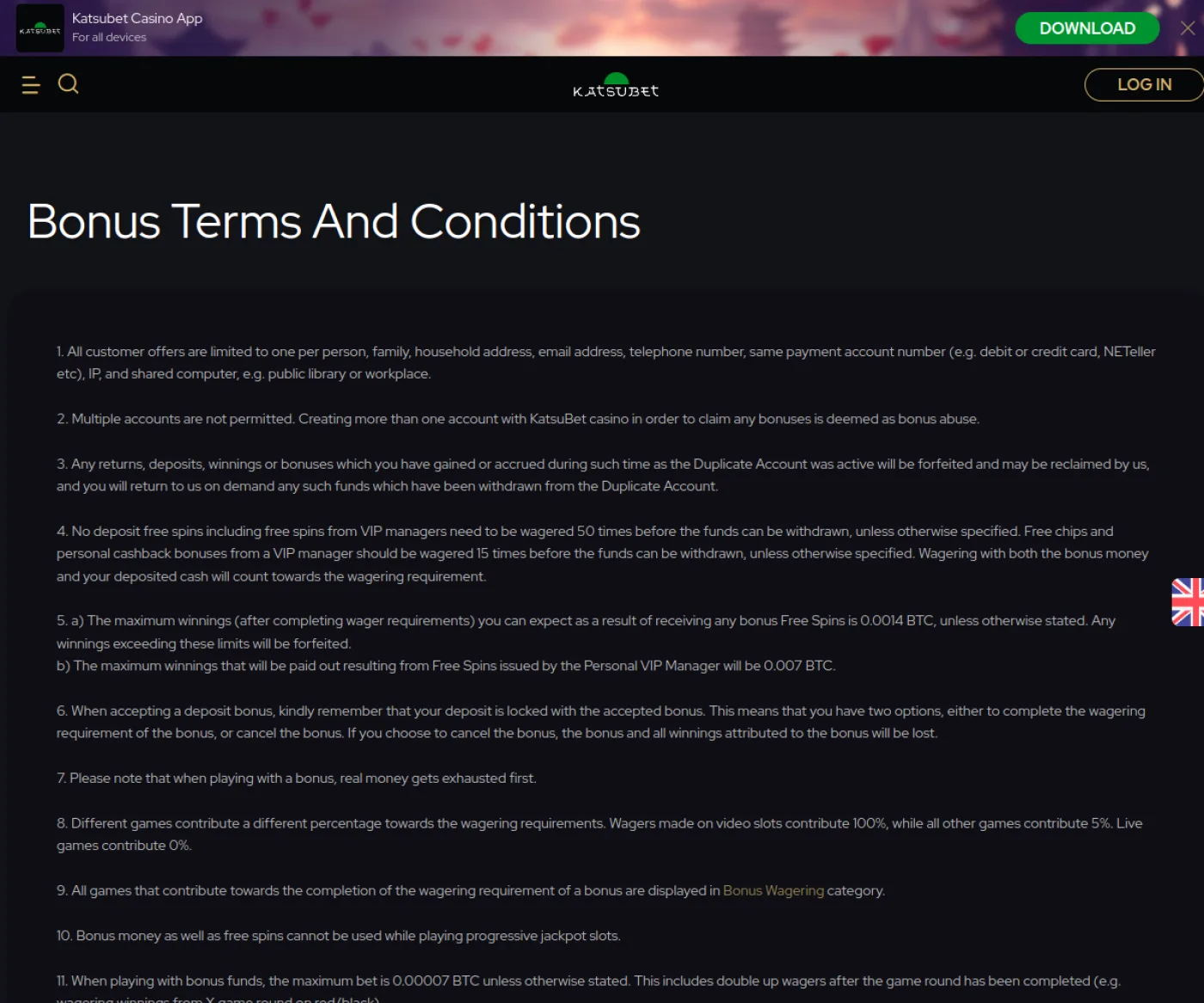 Katsubet bonus terms with wagering and cashout conditions