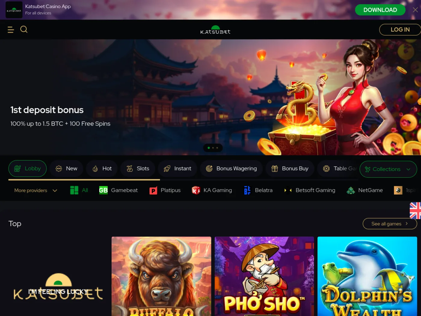 Katsubet public casino lobby with slots and provider navigation