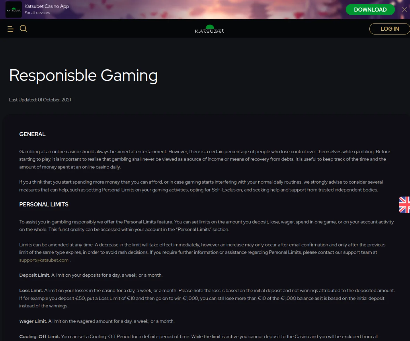 Katsubet responsible gaming page describing personal limits