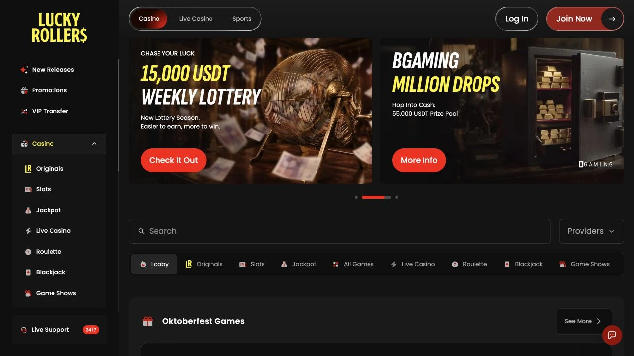 Lucky Rollers lobby with welcome promotion, casino navigation and live support