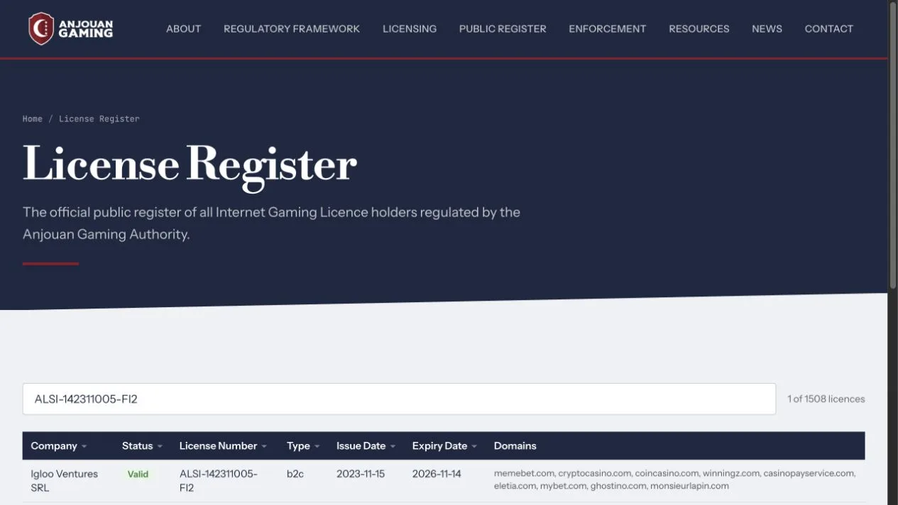 Anjouan Gaming licence register search for Mega Dice and Igloo Ventures SRL